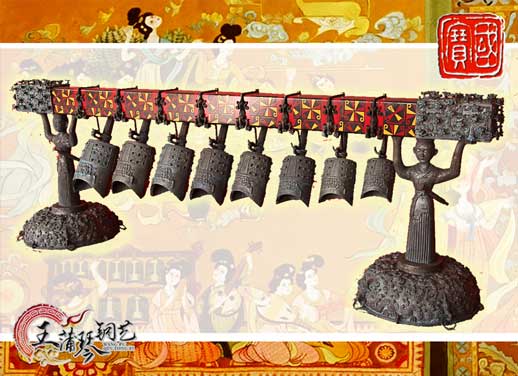 8件古編鐘，銅人銅座裝飾，可發(fā)音